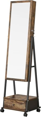 SONGMICS Miroir sur Pied avec Rangement, Armoire à Bijoux, Range-Bijoux, Psyche Miroir, Verouillable, avec Tiroir, Étagère, Roulettes, Idée Cadeau, Marron...