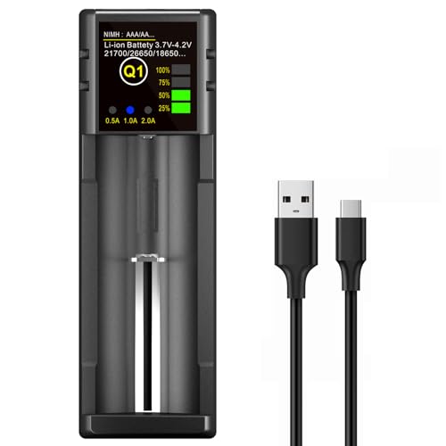 18650 Battery Charger, 1 Bay Battery Charger with Smart LCD Display Fast Charge for Rechargeable Batteries Li-ion NI-MH NI-Cd AA AAA C 21700 26650 13650 16340 18350 18700 RCR123