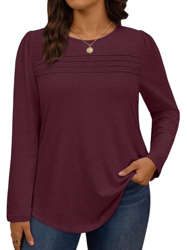 WYNNQUE Women Plus Size Long Sleeve Shirts Pleated Front Tunic Tops Curved Hem Casual Blouses