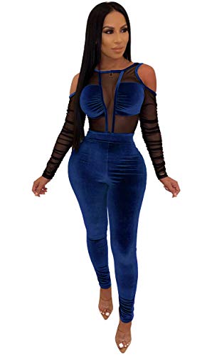 Women's Bodycon Romper Sexy See Through Mesh Sleeveless Jumpsuits Short Pants Set Slim Fit Clubwear Outfits (Blue,Medium)