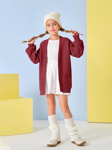 Image of Haloumoning Kids Girls Open Front Cardigan Sweaters Long Sleeve Cable Knit Fashion Clothes with Pockets 5-14 Years