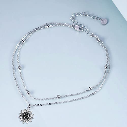 Image of POPLYKE 925 Sterling Silver Double Layered Chain Evil Eye Daisy Sunflower Butterfly Anklets for Women Holiday Beach Crystal Ankle Bracelet Dainty Evil Eye Jewelry