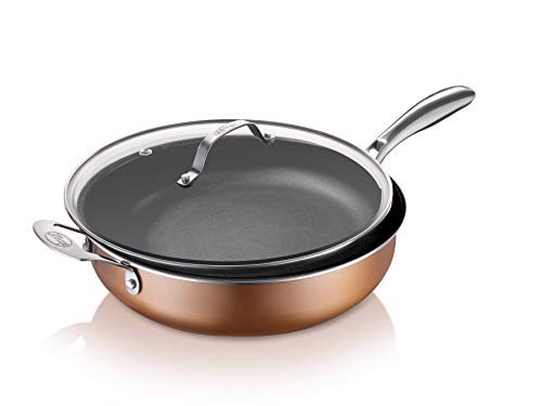 Image of Gotham Steel Sauté Pan with Lid – 5.5 Quart Multipurpose Nonstick Jumbo Cooker with Glass Lid, Stainless Steel Handle & Helper Handle, Oven & Dishwasher Safe, 100% PFOA FREE