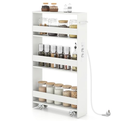 COSTWAY Chariot de Rangement Roulant 13 cm, Mltiprise avec Ports USB, Desserte de Cuisine à 4 Niveaux, roulettes avec Frein et Poignée Latérale, Design...