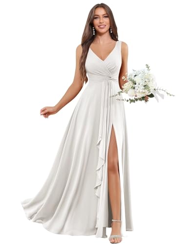 Image of BOLENSYE Bridesmaid Dresses Long Ruched Ruffles Chiffon A Line Evening Party Gown with Pockets Slit