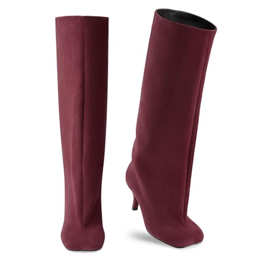 Oh Mispares Women's Nude Suede Knee High Boots - Square Toe Wide Calf Stiletto Low Heels - Fashionable Kitten Heel Pull-On Tall Winter Boots for Ladies