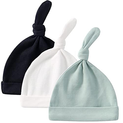 Exemaba Lot de 3 bonnets en coton pour nouveau-né - Pour garçon et fille - 0 à 3 mois, Noir + blanc + vert., 0-3 mois Cover