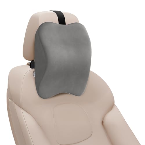 Image of CareFoam Memory Foam Car Neck Pillow for Driving Comfort - Ergonomic Headrest Cushion for Neck & Spine Support - Adjustable Strap, Breathable Washable Cover, Ideal for Long Drives | Grey Velvet