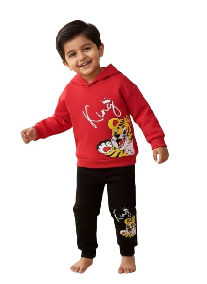 Image of Kids Winter Hooded Sweatshirt Set, Red and Black Cotton Tracksuit with Animal Print Design, Casual Wear for Toddlers