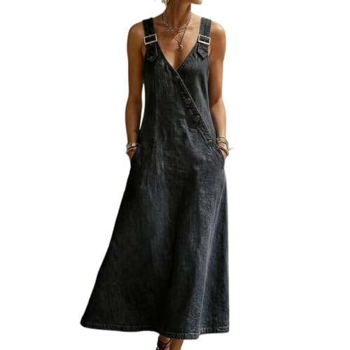 Robe longue en jean pour femme coupe rétro droite bleue avec bretelles ajustables en coton