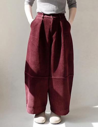 UANEO Womens Corduroy Pants Casual Relaxed Wide Leg Pleated Trousers Button Zipper Closure Pants with Pockets 5