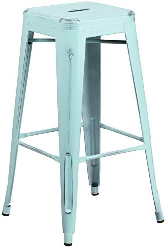 Flash Furniture Commercial Grade 30" High Backless Distressed Green-Blue Metal Indoor-Outdoor Barstool