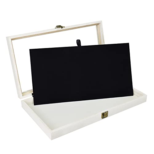 MOOCA Wooden Jewelry Display Case, Pocket Knife Display Case with Tempered Glass Top Lid and Removable Black Luxurious MDF Velvet Jewelry Pad, Washed White Color