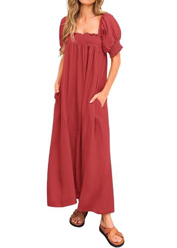 KIRUNDO Women Summer Maxi Dress Puff Sleeve Long Dresses(Red, XL)