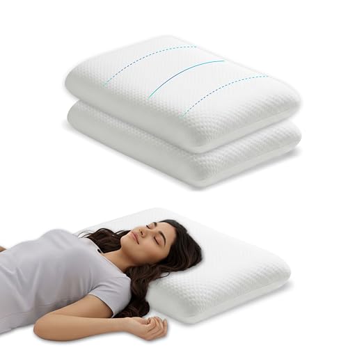 Image of Memory Foam Cervical Pillow Set of 2, 50x30x6 cm White Contour Support for Sleeping, Breathable Jacquard Outer Cover with Zipper, Orthopedic Bedding for Side Sleeper and Spine Alignment