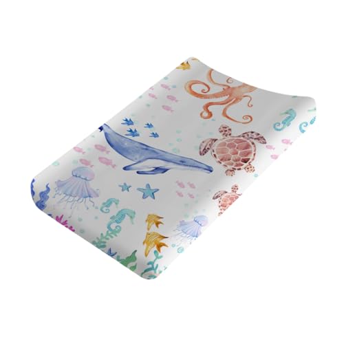 Image of Sea Animals Baby Changing Pad Covers Ocean Animals Corals Sea Weeds Baby Nursery Diaper Changing Pad Sheets for Boys Girls Marine Soft Breathable Stretch Fitted Changing Mat Cover 32''x16''