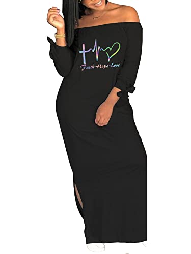 Image of Women's Casual Off Shoulder Maxi Dress - African Print Summer Loose Long Sleeve Tunic T Shirt Dresses with Pockets