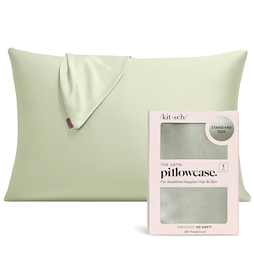 Kitsch Satin Pillowcase with Zipper for Hair & Skin, Softer Than Silk Pillow Cases Queen, Wrinkle-Free, Smooth and Cooling Satin Pillow Covers, Standard Size 19'x26' - Sage
