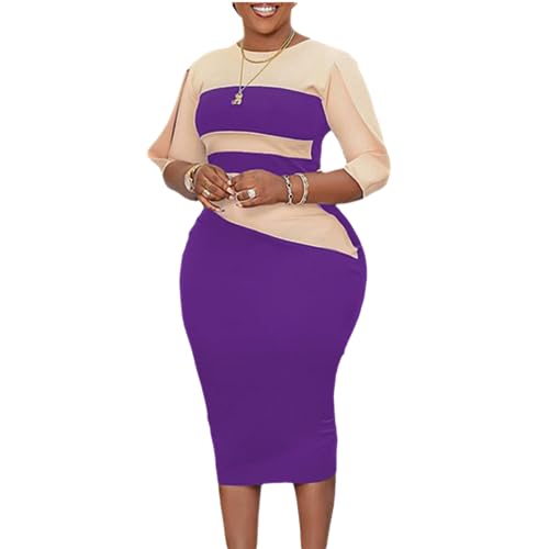 Dress Women Women's Sexy Bodycon Half Sleeve Round Neck Colorblock Slim Fit Work Office Midi Pencil Dress