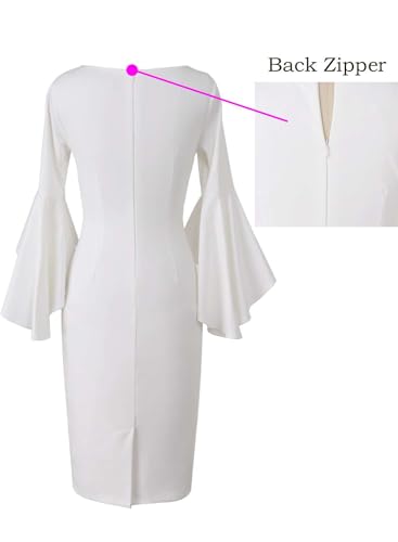 VFSHOW Womens Ruffle Bell Sleeves Cocktail Party Wedding Guest Bridal Slim Bodycon Graduation Birthday Party Pencil Sheath Dress (Off-White, X-Large) 11039 WHT XL