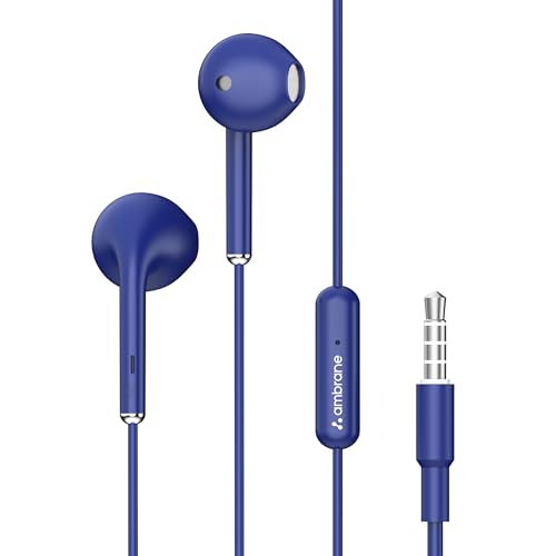 Ambrane Wired Headphones in Earphones with in-Line Mic for Clear Calling, 14Mm Dynamic Drivers for Boostedbass, 3.5Mm Jack, Multi-Functional Controller (Stringz 38 Lite, Blue)