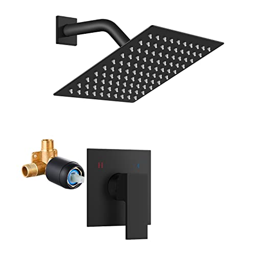 Airuida Shower Faucet Set Matte Black Bathroom Rain Shower System SUS304 Stainless Steel 8 Inch Square Showerhead Single Handle With Male Threads Rough-in Valve Shower Trim Kit