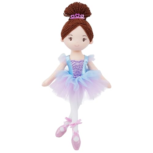 Lullaberry Muñeca bailarina Bella de 40 cm, regalo de recital de baile de felpa suave para niñas, muñeca de ballet de peluche con tutú morado y tiara, perfecta para niños pequeños y bailarines