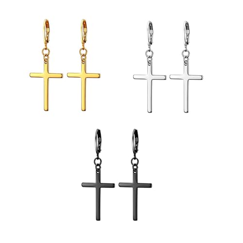 Ryaupy Ensemble de 3 Paires de Boucles d'Oreilles Croix en Acier Inoxydable - Créoles avec Pendentif, Bijoux Cadeau Mixtes pour Femmes et Hommes, Or, Argent, Noir