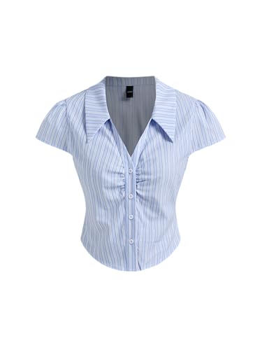 CIDER Button Down Shirt Women Striped Blouse Collared Neck Ruched Shirt Short Sleeve Top Work Casual Shirts