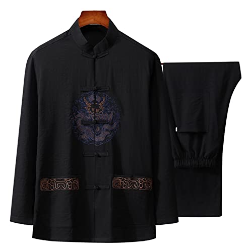 Chinese Traditional Long Sleeve Tang Kung Fu Uniform Men's Long Sleeved Coat Tops and Pants Black-XL