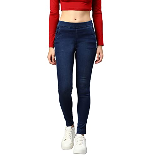 Image of Blue High-Rise Slim-fit Jeggings, has an Elasticated Waistband, has a Slip-on Closure and Four Pockets