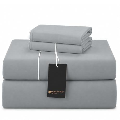 Image of Queen Luxury 4 Piece Bedsheet Set, Harbor Mist with White Piping, Cooling Resort Bedding, Deep Pockets, Ultra Soft, Viscose (Rayon) derived from bamboo, Organically grown, 300 Thread Count