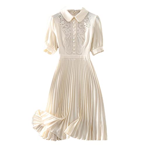 Lace Pleated Dress Women Summer Short Sleeve Midi Party Waist A-Line Dresses