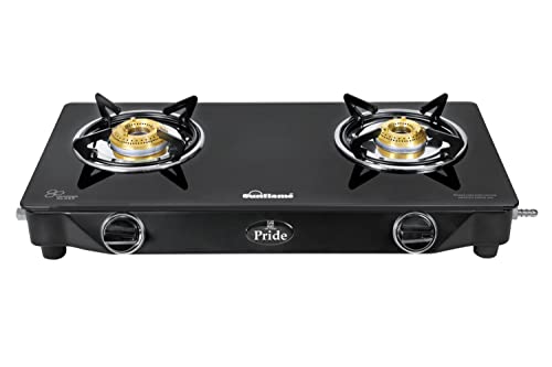 Sunflame PRIDE 2 Burner Gas Stove, Manual Ignition with Toughened Glass Top, Powder Coated GP Sheet Base Body, 2 Brass Burners (Black)