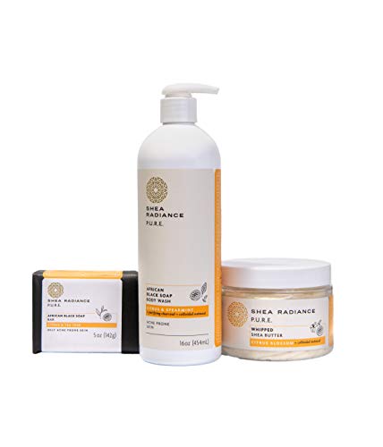 Shea Radiance Whipped Shea Butter w/ Soothing Colloidal Oatmeal, African Black Soap Body Wash, & African Black Soap Bar Bundle - Citrus Scented