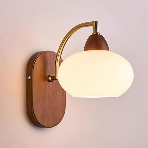 KXEcoLife Vintage Sconces Wall Lighting with Glass Lampshade, 1-Light Indoor Mounted Fixture Solid Wood Base for Living Room Bedroom Bathroom Hallway Stairs E27 Fixtures