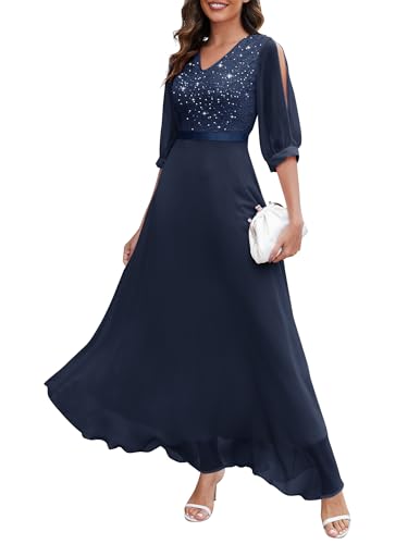 Wedtrend Festkleider für Damen Hochzeit Abendkleid Hochzeit Marineblau Kleid mit Spitze Chiffonkleid Fashion Abendkleid Lang Elegant mit Pailletten...