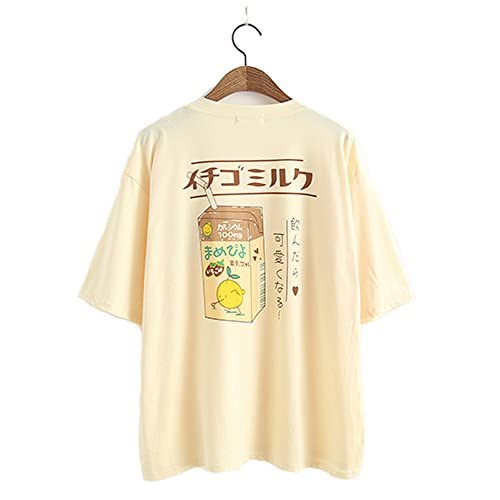 Camiseta Kawaii para niña, estilo japonés, con estampado de zumo de fruta, algodón para verano, camisetas casuales para adolescentes, amarillo, Talla única Cover