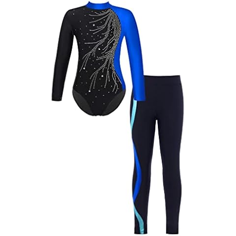 FEESHOW Mädchen Turnanzug Langarm Gymnastikbody Tanz Ballett Leotard Strumpfhose Sportanzug Leggings Bodysuit Set Wettkampf Tanzkleidung D_Blau 158-164/13-14 Jahre Cover