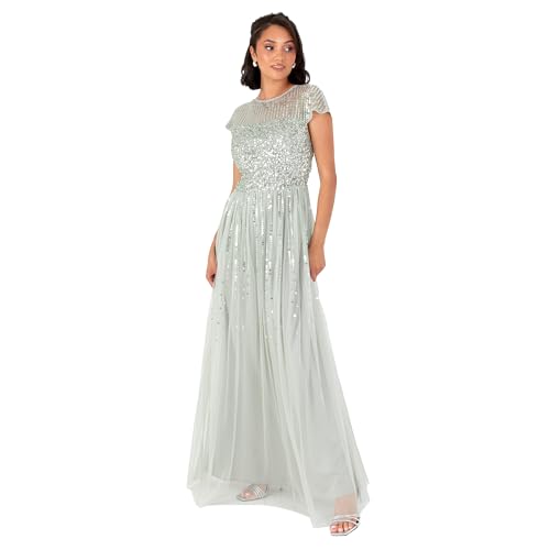 Maya Deluxe Damska sukienka maxi, z okrągłym dekoltem, w paski, z haftowaną koszulką, z haftowaną koronką, z motywem linii A (1 opakowanie), Green Lily, 42