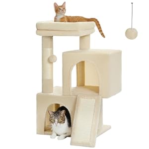 PAWZ Road Cat Tree, 30 Inches Cat Tower with Dual Condos for Indoor Cats, Plush Cat House with Padded Perch, Scratching Ramp and Posts and Replaceable Balls-Beige