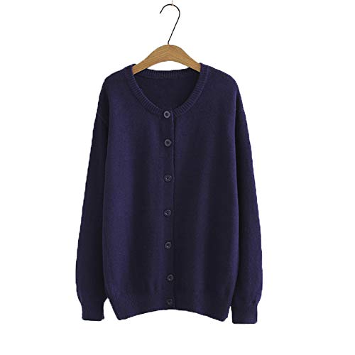 Minibee Women's Long Sleeve Cardigan Button Down Crew Neck Knit Sweater Navy Blue L