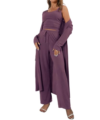 Image of 3 Piece Lounge Sets for Women Airport Travel Outfit | Long Cardigan,Tank Top ,Wide Leg Pants with Pockets,Comfy Loungewear,Casual Chic, Airplane Clothing,Vacation Matching Set