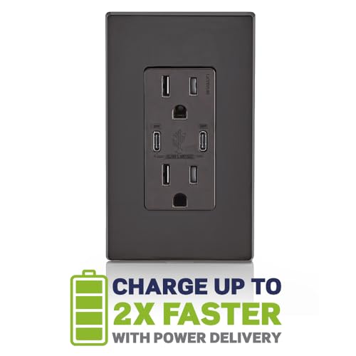 Image of Leviton 30W (6A) USB Dual Type-C /C Power Delivery In-Wall Charger with 15A Tamper-Resistant Outlet, USB Charger for Smartphones, Tablets, Laptops, T5635-B, Brown
