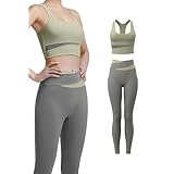 [vimare] セットアップ スポーツウェア レディース スポーツブラ レギンス 上下セット ヨガパンツ ピラティス ジムトップス ランニング ウォーキング フィットネス ワークアウト ダイエット 動きやすい 吸汗速乾 ストレッチ 揺れない ブラジャー パッド付き (グリーン×グレー, XL)