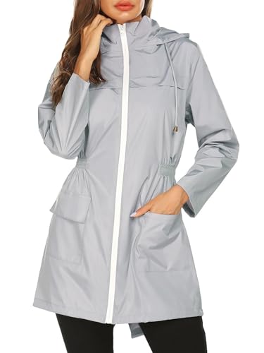 Womens Raincoat Waterproof Long Hooded Rain Jacket Trench Coats Windbreaker Travel Jacket with Pockets