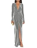 CuteMe Women's Formal Velvet Gown for Party Silver Deep V Neck Long Sleeve Ruched High Slit Evening Party Maxi Dress 10