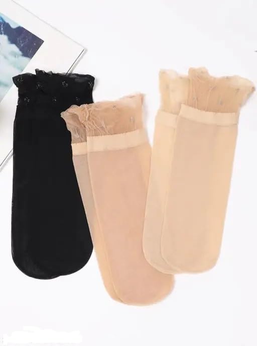 BeFall Women's Summer Ankle Length Net Socks – Lace Ruffle Cotton Design, Breathable, One Size Fits All, Socks for Girls & Women (IN, Alpha, Free Size, 6 Pair Black, Crew Socks, Crew Socks) 1
