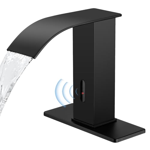 ZHIXINGKX Automatic Motion Sensor Faucet with Waterfall Spout,Stainless Steel Sink Faucet with Hole Cover Plate (Regular, Black)