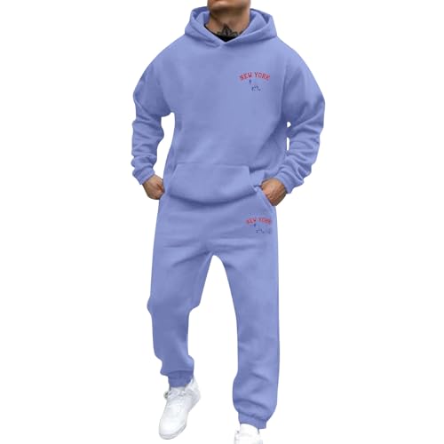 Image of Unisex Casual Letter Print Long Sleeve Hoodie Set for Autumn Winter, Soft Fleece Lined Sports Two-Piece Outfit with Pockets (Light Blue, XL)